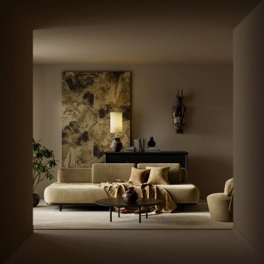 Açık negatif alan, sıcak ışıklandırma, zarif kanepe ve modern iç tasarım kullanımı için rafine dekorasyonla donatılmış karanlık, kasvetli bir oturma odası. 3B illüstrasyon