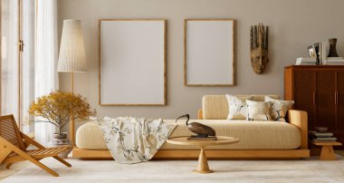 İçinde bej bir kanepe, ahşap dokular, desenli yastıklar ve iç tasarım veya markalaşma sunumları için mükemmel bir poster çerçevesi olan hafif Japon iç mekanı. 3B illüstrasyon.