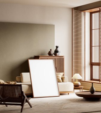 Doğal paleti, yumuşak ışıklandırması ve organik modern elementleri olan, saf görsel ahengi vurgulamak için modern oturumlar ve temiz orantılara sahip, en az model melez sahne. 3B illüstrasyon