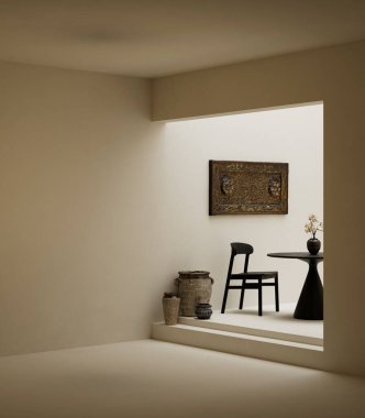 Negatif uzay yemek odası iç mimarisi, minimalist mobilyalar, siyah yuvarlak masa, modern sandalyeler, desenli taş duvar ve sakin nötr palet. 3B illüstrasyon