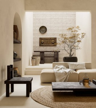 Sıcak japandi modern oturma odası içinde doğal malzemeler, minimalist mobilyalar, yumuşak ışıklandırma ve organik formlar sakin, zarif ve çağdaş bir atmosfer yaratıyor. 3B illüstrasyon