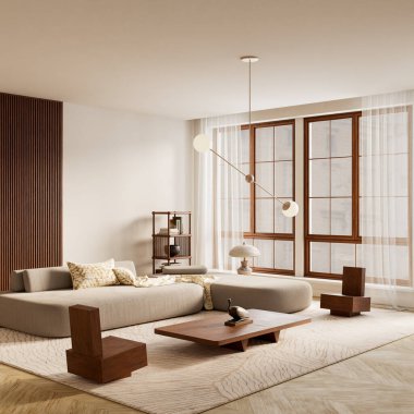 Sıcak nötrler, pürüzsüz kumaşlar, temiz geometri ve ahşap dokular içeren geniş açılı iç mekan, sakin, rafine ve görsel olarak uyumlu modern bir yaşam atmosferi için tasarlanmıştır. 3B illüstrasyon