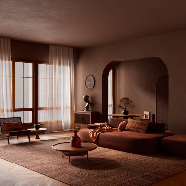 Geniş açılı, organik, modern iç mekan derinliği, dokulu materyaller ve geniş katmanlı, materyal zengini çağdaş bir sahne için sıcak katmanlar. 3B illüstrasyon