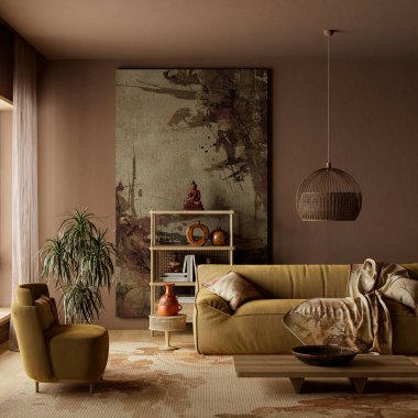 Karanlık huysuz japandi oturma odasının iç tarafında toprak renkler, dokulu duvar sanatı, sıcak ortam aydınlatması ve modern modern iç tasarım kavramları için minimum mobilya var. 3B illüstrasyon