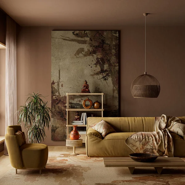 Karanlık huysuz japandi oturma odasının iç tarafında toprak renkler, dokulu duvar sanatı, sıcak ortam aydınlatması ve modern modern iç tasarım kavramları için minimum mobilya var. 3B illüstrasyon
