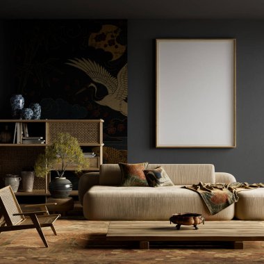 Doğal japandi materyalleri, yumuşak dramatik ışıklandırma ve temiz minimal düzen poster çerçevesi modellemesini vurguluyor, lüks görsel dengesi olan karmaşık bir karamsar iç mekan yaratıyor. 3B illüstrasyon