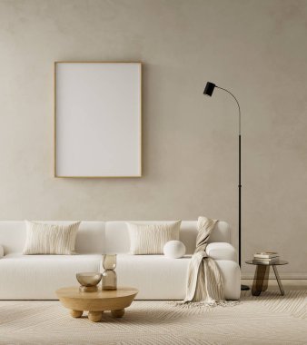 Boş poster çerçevesi, yumuşak dokular ve nötr tonlarla tasarlanmış minimalist modern oturma odası modeli, sakin ve şık bir iç fon sunuyor. 3B illüstrasyon