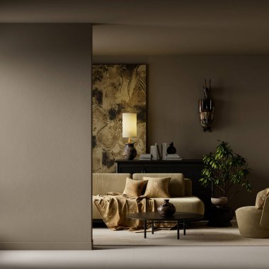 Sıcak ışıklandırma, desenli duvarlar, zarif kanepe ve sinematik iç tasarım kullanımı için özel dekor içeren modern kasvetli oturma odası. 3B illüstrasyon