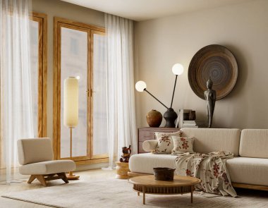 Bej kanepe, ahşap dokular, desenli yastıklar ve zarif minimalist ev tasarımları için yumuşak gün ışığı içeren modern Japon oturma odası. 3B illüstrasyon