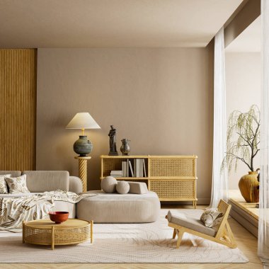 Ahşap mobilyalar, rahat kanepe ve gün ışığı sıcaklığı ve sanatsal dengeye sahip tarafsız bir duvar içeren zarif bir iç mekan. 3B illüstrasyon.