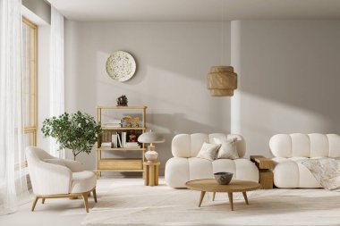 Minimum İskandinav iç tasarımı temiz hatlar, sıcak kereste, hava kompozisyonu ve sıcak, modern bir yaşam ortamı yaratmak için gün ışığını birleştirir. 3B illüstrasyon.