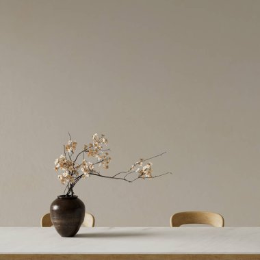 Modern asgari yemek odası, doğal ahşap masa ve seramik vazo detaylarıyla temiz ve çağdaş tasarım için geniş negatif alan duvarıyla birleştirilmiş. 3B illüstrasyon