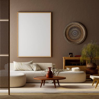Japandi tarafsız oturma odası. Poster çerçeveli, rahat kanepe ve sıcak güneş ışığı altında ahşap elementlerle dekore edilmiş. Markalaştırma ve poster sergisi için mükemmel. 3B illüstrasyon.