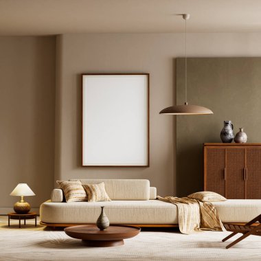 Ilık ahşap, asgari dekor, yumuşak ışıklandırma, bej tekstil ve modern koltukları birleştirerek berraklığa odaklanmış rahatlatıcı bir organik modern kompozisyon yaratmak. 3B illüstrasyon