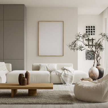Modern minimalist oturma odası boş bir poster çerçevesi, temiz duvar yüzeyi ve nötr renkler, çağdaş poster ve iç tasarım düzeni için ideal. 3B illüstrasyon