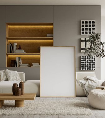 Temiz minimalist oturma odasının içi boş bir poster çerçevesi, nötr renkler ve modern ve çağdaş planlar için geniş duvar alanı ile süslenmiştir. 3B illüstrasyon