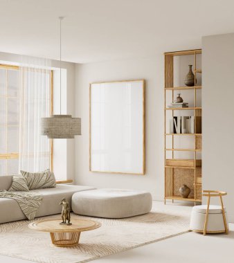 Doğal malzemelerle sıcak, sakin bir iç mekan, yumuşak gün ışığı, ve dekorasyonlu, temiz, modern kompozisyonlar için rafine bir poster modeli ve doğal bir kopya alanı içeriyor. 3B illüstrasyon