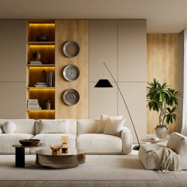 Nötr renkler, doğal ahşap dokular, yumuşak ışıklandırma ve çağdaş iç tasarım kullanımı için tasarlanmış temiz mobilya dengesi olan modern minimalist oturma odası. 3B illüstrasyon
