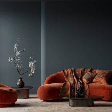 Negatif uzay karamsar iç mekan sıcak ışıklandırma, eğri oturma şekilleri ve sakin modern ortam için dengeli minimalist Japandi elementleri. 3B illüstrasyon