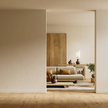 Serene Japandi İskandinav odası sıcak odun, yumuşak gün ışığı, temiz formlar ve huzurlu iç ortam için dengeli negatif alan içeriyor. 3B illüstrasyon