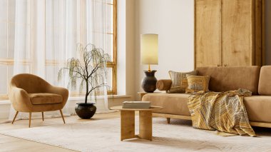 Sıcak ahşap dokular, nötr tonlar, yumuşak aydınlatma ve sakin, dengeli bir yaşam alanı için özenle tasarlanmış modern mobilyalar içeren çağdaş bir iç mekan. 3B illüstrasyon