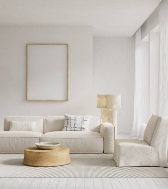 Minimalist iç mekan, poster çerçevesi, nötr palet, doğal dokular, modern iç mimariler için hafif ışıklandırma ve rafine mobilya kompozisyonu ile donatılmış. 3B illüstrasyon