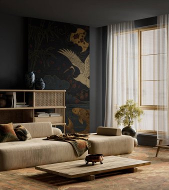 Sıcak dokular, atmosferik gölgeler ve rafine materyallerin yer aldığı derin, sinematik bir Japon iç mimarisi. Sakin ama dramatik bir görsel denge zarif havayı artırır. 3B illüstrasyon