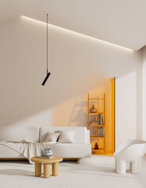 Bu çağdaş minimalist iç mekan, rafine, sakin ve görsel olarak esnek bir modern ortam yaratmak için baskın negatif alan, temiz çizgiler ve doğal ışık kullanır. 3B illüstrasyon