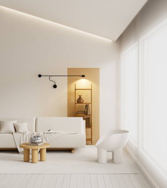 Bu modern minimalist iç mekan, sakin, zarif ve çok yönlü bir yaşam sahnesi yaratmak için güçlü negatif alanlar, nötr renkler ve yumuşak gün ışığını ön plana çıkarıyor. 3B illüstrasyon