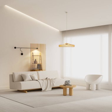 Geniş negatif alanı, yumuşak ışıklandırmayı ve nötr tonları vurgulayan çağdaş mimari ve tasarım odaklı görseller için ideal modern bir minimalist iç kompozisyon. 3B illüstrasyon