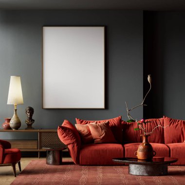 Yumuşak ortam aydınlatması, zarif kırmızı kanepe ve rafine duvar sanatı sunumu için tasarlanmış asgari dekorun yer aldığı karamsar bir iç mekanda sergilenen poster çerçevesini taklit et. 3B illüstrasyon