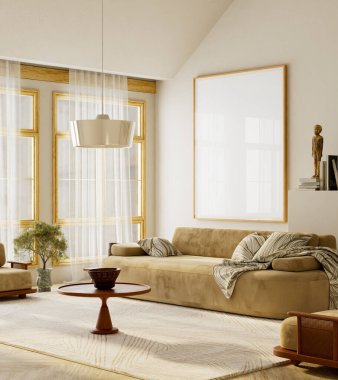 Tarafsız duvarda poster çerçevesi, ahşap dolap ve doğal güneş ışığı altında markalaştırma sunumu için rahat dokular olan bej rengi Japon iç mekanı. 3B illüstrasyon.