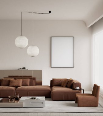 Modern ev dekorasyonunda, şık küresel kolye ışıkları ve rahat oturma alanı ile sanat sunumu için boş beyaz bir çerçeve yer almaktadır. 3B illüstrasyon