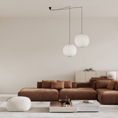 Mermer bir kahve masası ve rahat oturma alanı olan çağdaş ev tasarımı nötr renk tonlarıyla geniş ve havadar bir atmosferi vurguluyor. 3B illüstrasyon