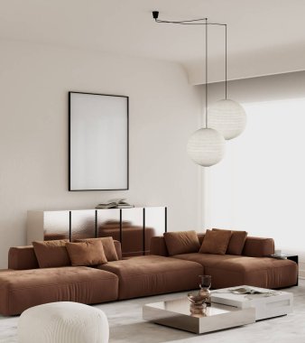 Temiz estetik oda tasarımı büyük boş bir tuval ile sanat eseri modelleme ve sofistike mobilyalar mermer bir sehpa ve kadife kanepe de dahil. 3B illüstrasyon