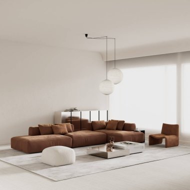 Yüksek kaliteli modüler mobilyaları ve minimalist bir dairede yumuşak doğal ışık altında dekoratif mermer masası olan sofistike iç mimari. 3B illüstrasyon