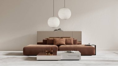 Huzurlu bir atmosfer için mermer bir sehpa ve geniş boş bir duvar alanı ile modüler oturma düzeninin yer aldığı zarif bir yaşam alanı. 3B illüstrasyon