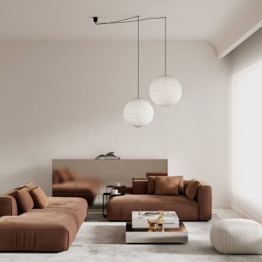 İçinde mermer bir sehpa ve doğal ışıklandırması olan parlak bir apartman dairesinde nötr bej duvarları olan rahat bir oturma alanı bulunan rahat bir modern ev tasarımı. 3B illüstrasyon