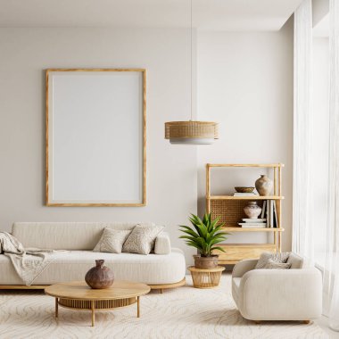 Bu iç mekan, parlak bir poster çerçevesini yumuşak kumaşlar, ahşap dokular ve dağınık gün ışığıyla harmanlıyor. Düzenleme açık metin alanını korur, 3D resimlemenin sakin ve rafine edilmiş estetiğini geliştirir