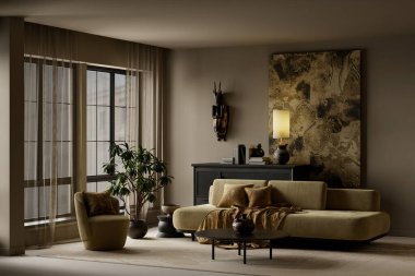 Karanlık, kasvetli, iç mekan, sıcak ortam aydınlatması, dokulu duvarlar, zarif bir kanepe ve modern iç mimari projeleri için lüks bir dekor. 3B illüstrasyon