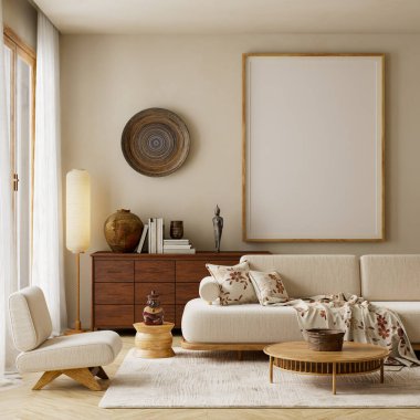 Modern Japon oturma odasının içinde bej bir kanepe, ahşap dokular, desenli yastıklar ve model poster çerçevesi de dahil olmak üzere yumuşak gün ışığı var. İç tasarım ilhamı, markalaşma veya ürün sergisi için mükemmel. 3B illüstrasyon.