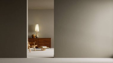 Minimalist bir iç atmosfer geniş boş bir duvar, rattan oturma, kapalı yeşil alan ve hafif doğal ışıkla aydınlatılmış alçak bir tablo sergiliyor. 3B illüstrasyon