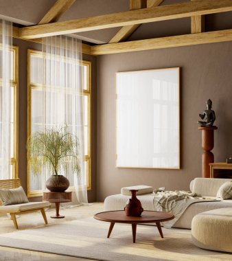 Japandi tarafsız oturma odası. Poster çerçeveli, rahat kanepe ve sıcak güneş ışığı altında ahşap elementlerle dekore edilmiş. Markalaştırma ve poster sergisi için mükemmel. 3B illüstrasyon.