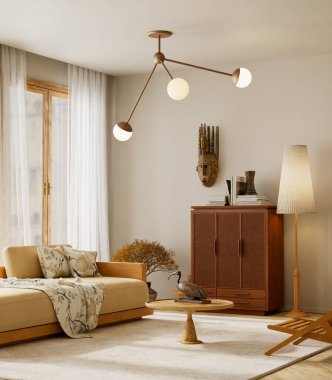 Minimum japandi oturma odası, bej kanepe, ahşap dokular, desenli yastıklar ve yumuşak gün ışığı. 3B illüstrasyon.