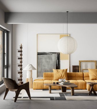 Hardal modüler kanepe, soyut duvar sanatı ve modern iç mekanlar için tasarlanmış heykel ahşap mobilyaların yer aldığı birinci sınıf minimalist oturma odası. 3B illüstrasyon