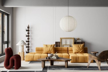 Hardal modüler kanepe, heykel ahşap mobilyalar ve rafine apartman daireleri için yumuşak doğal ışık içeren birinci sınıf minimalist oturma odası. 3B illüstrasyon