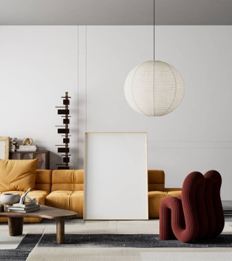 Lüks, minimalist bir apartman dairesinin iç dekorasyonu poster tasarımı, hardal kanepesi ve organik modern mobilya tasarımı. 3B illüstrasyon