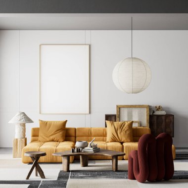 Özel minimalist oturma odası poster çerçeveli maket, modüler hardal kanepe ve birinci sınıf apartman görselleri için heykel ahşap dekor. 3B illüstrasyon