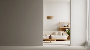 Yumuşak gün ışığıyla aydınlatılan, duvara monte edilmiş bir poster modelinin yer aldığı sıcak, minimal bir iç mekan. Doğal ahşap, heykel dcor ve nötr tonlar temiz bir rafine sunum ortamı oluşturur