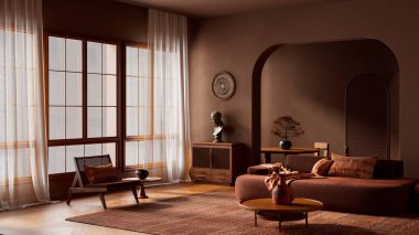 Geniş açılı, organik, modern iç mekan derinliği, dokulu materyaller ve geniş katmanlı, materyal zengini çağdaş bir sahne için sıcak katmanlar. 3B illüstrasyon